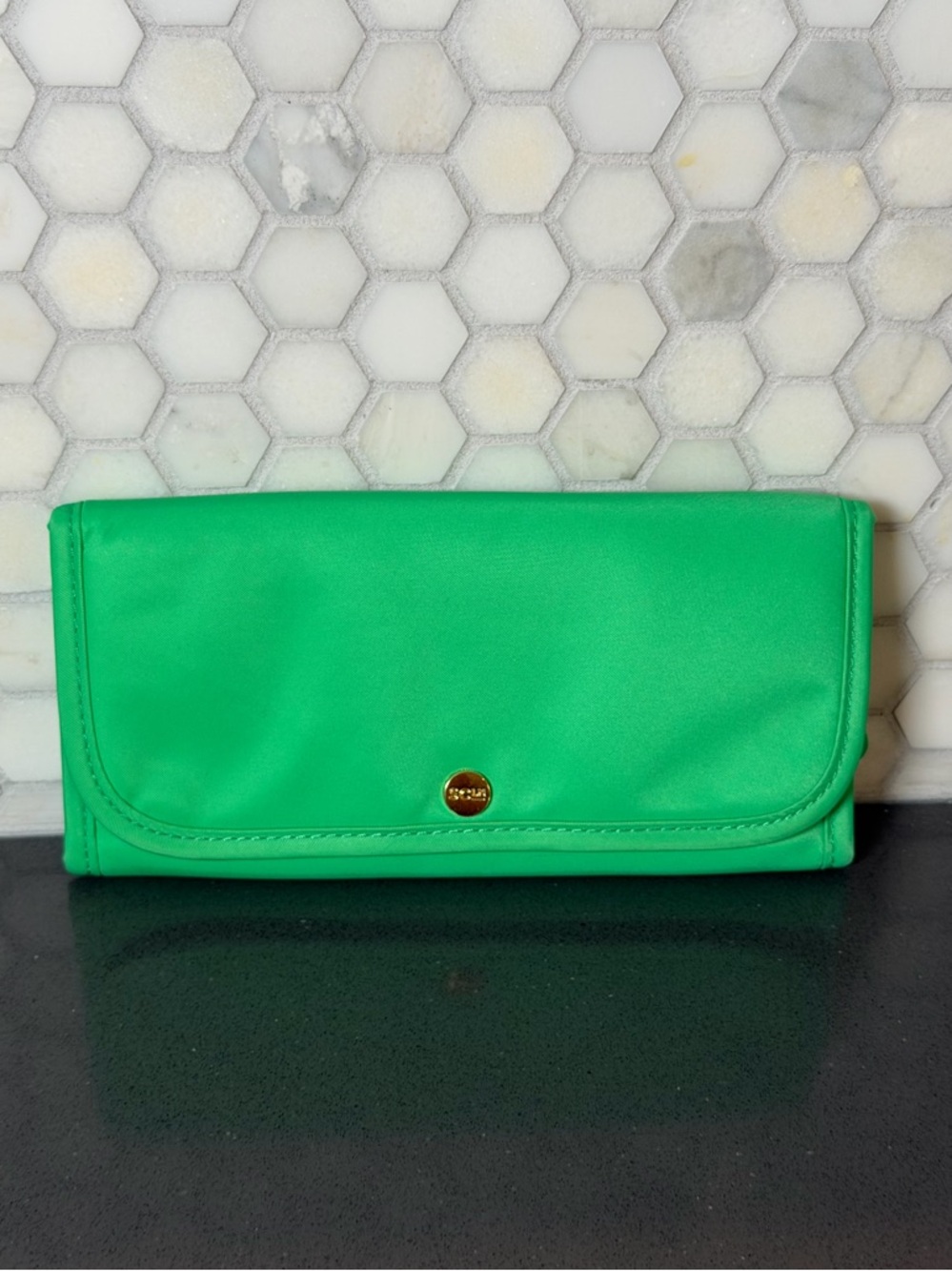 Stoney Clover Lane Bright Neon Green Trifold Long Wallet EUC